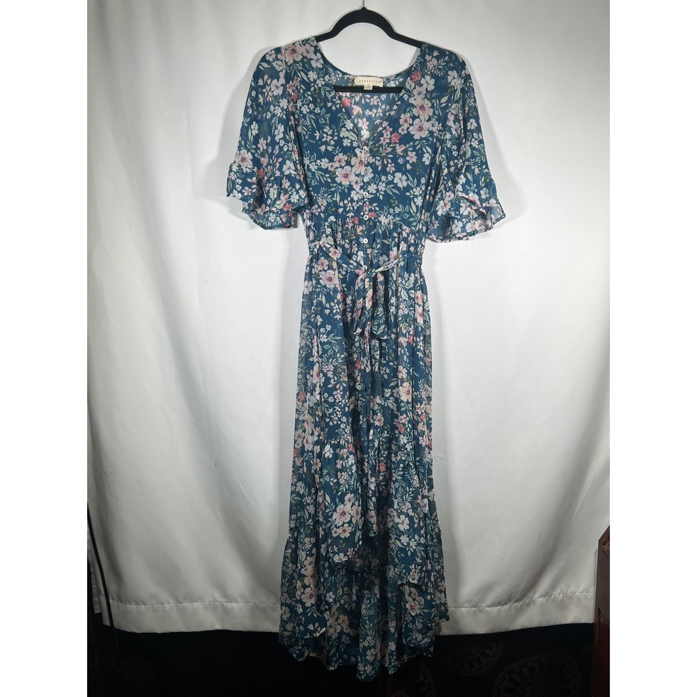 Lovestitch Teal Floral Maxi Dress Flutter Sleeve High Low Ruffle Hem Medium